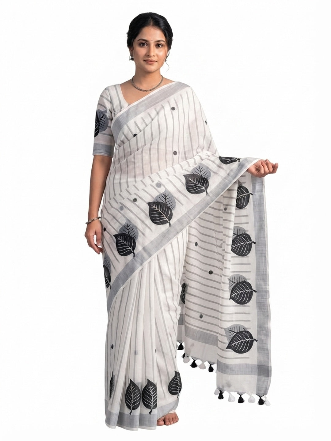 White Soft Linen Saree with Artistic Print Detailing - Image 6