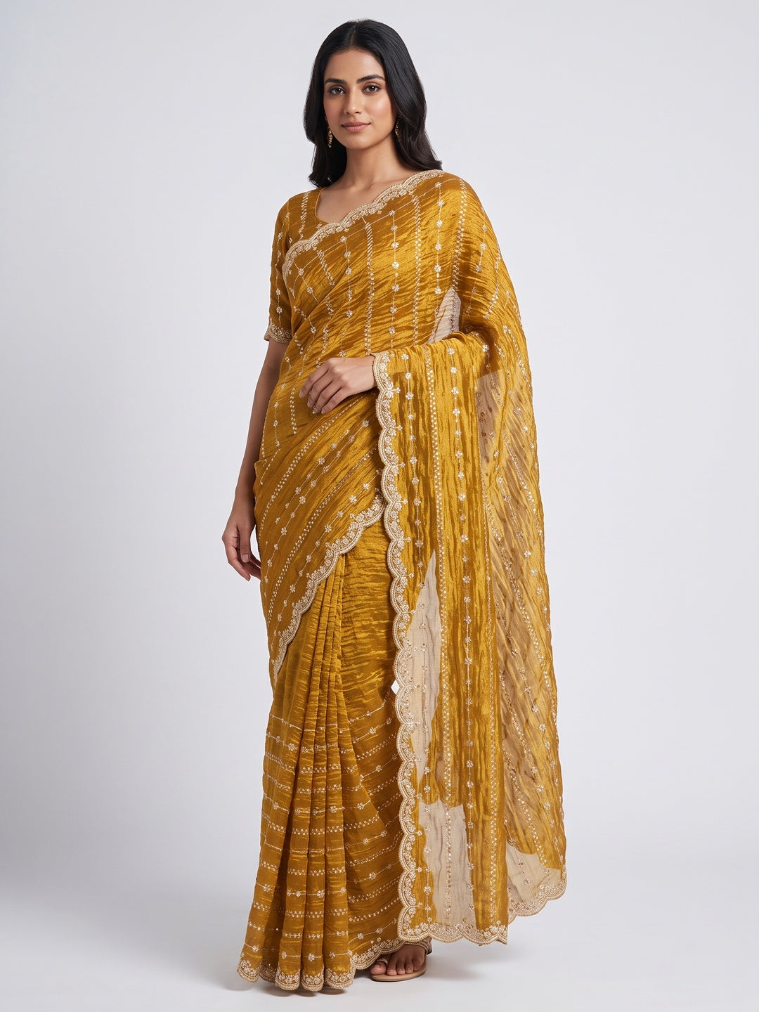 Elegant Golden Silk Saree Adorned With Floral Sequins Embroidery & Cutwork Zari Border - Image 1