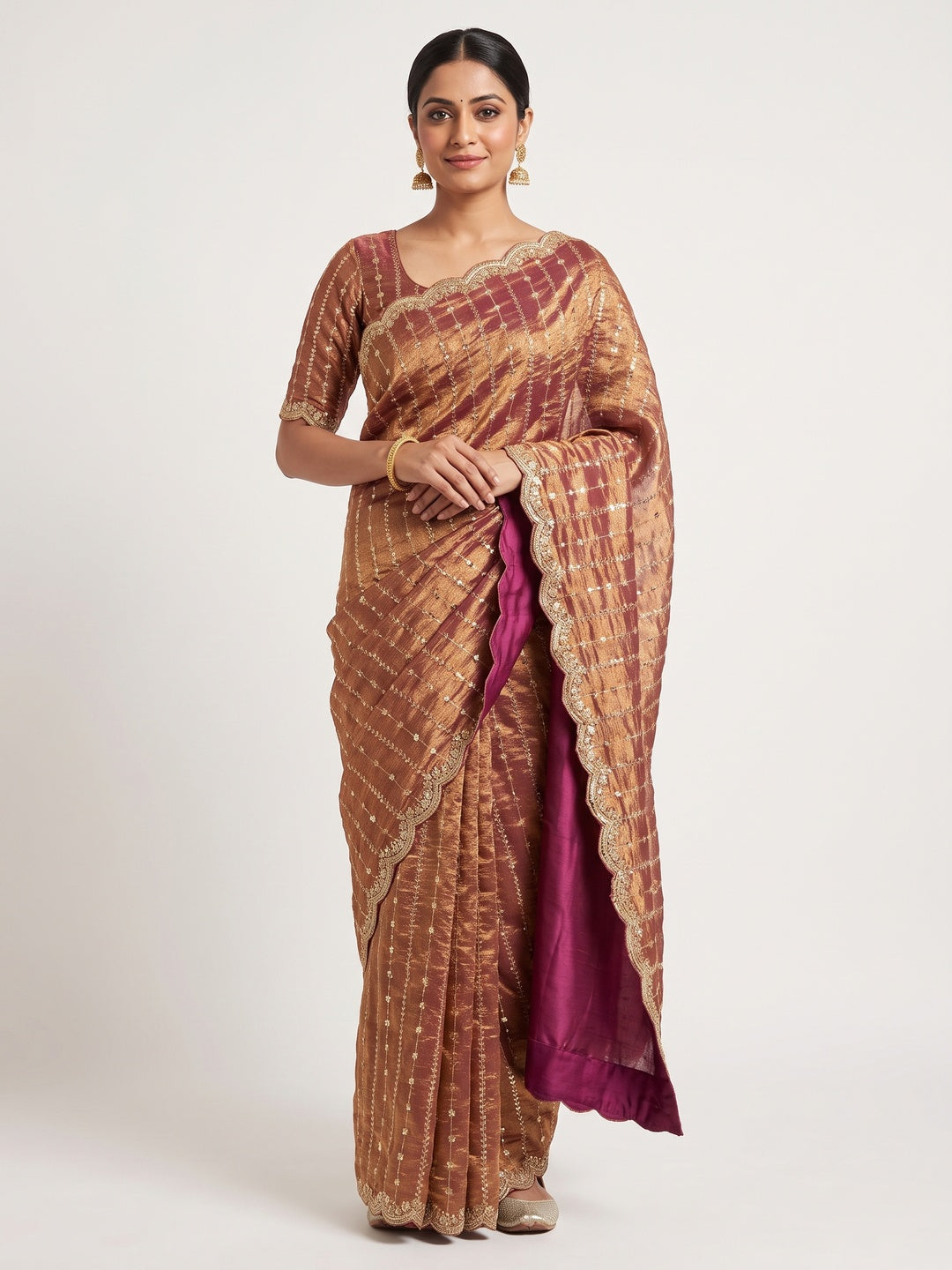 Elegant Dusty Peach Silk Saree Adorned With Floral Sequins Embroidery & Cutwork Zari Border - Image 1