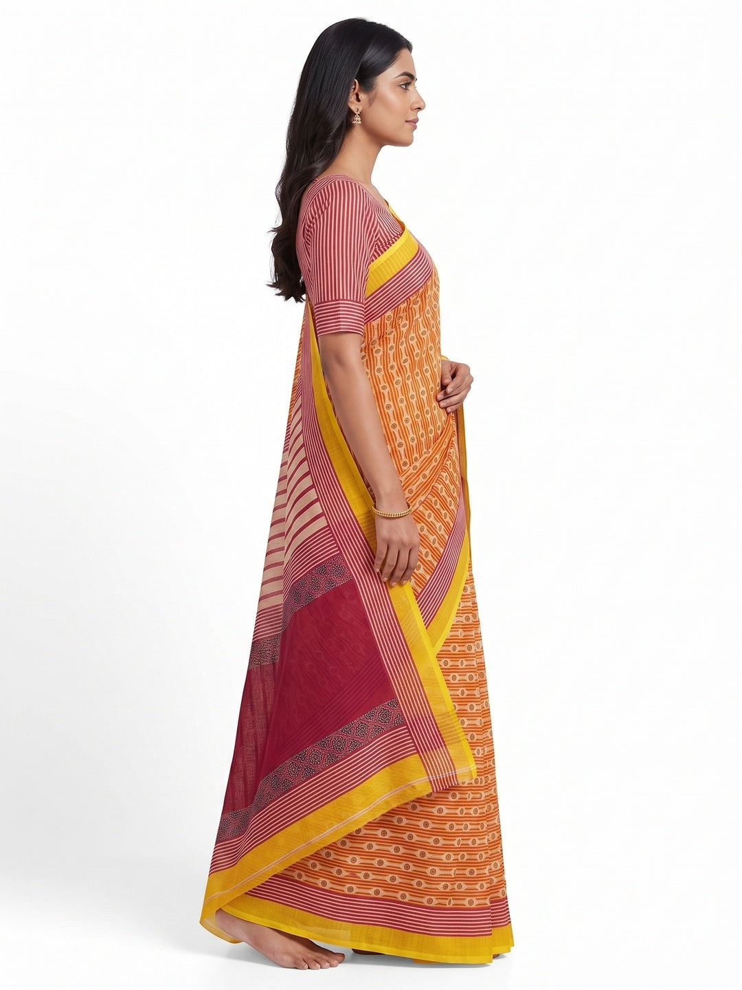 Multicolor Soft Linen Saree with Artistic Print Detailing - Image 3