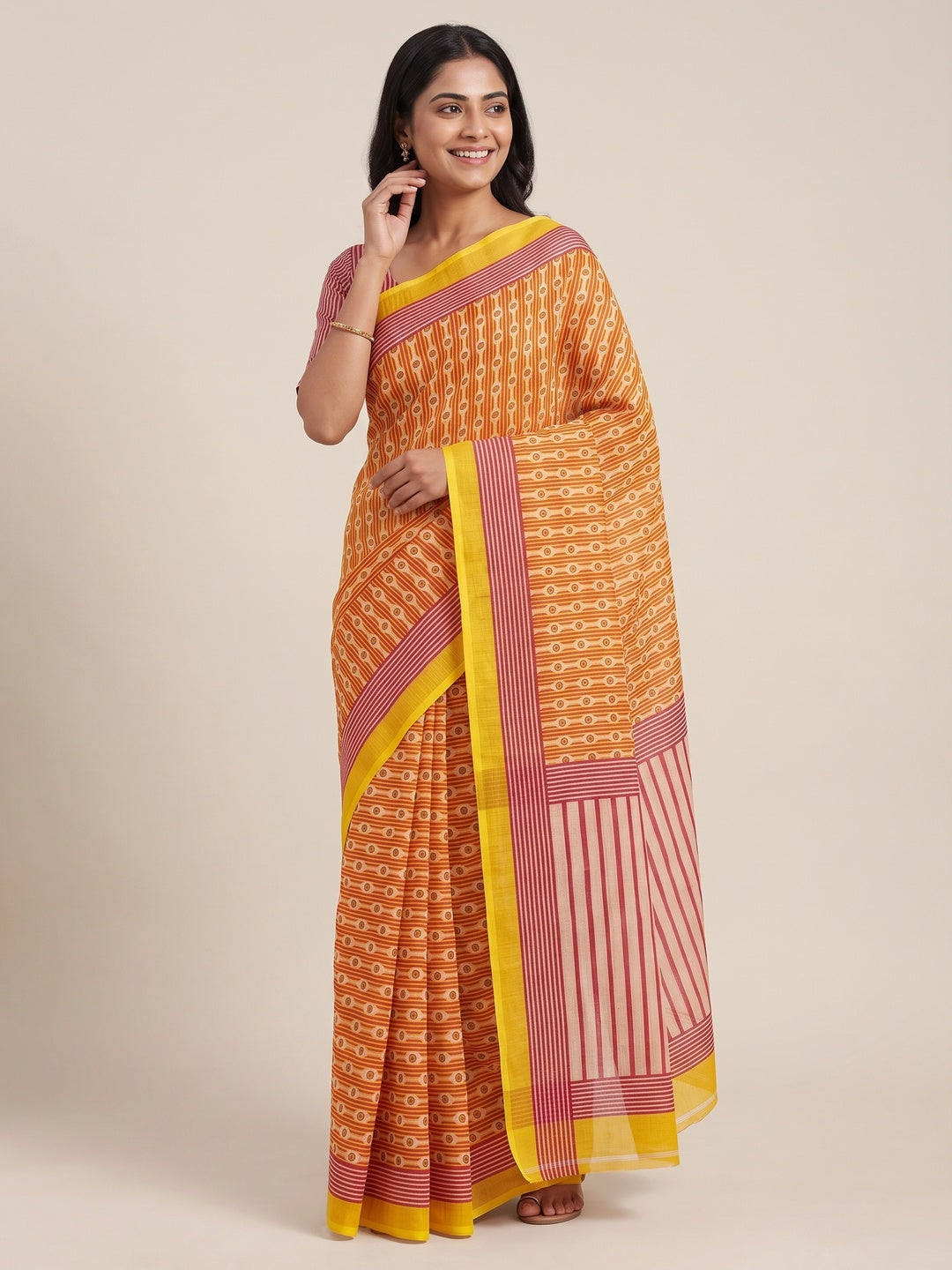 Multicolor Soft Linen Saree with Artistic Print Detailing - Image 4