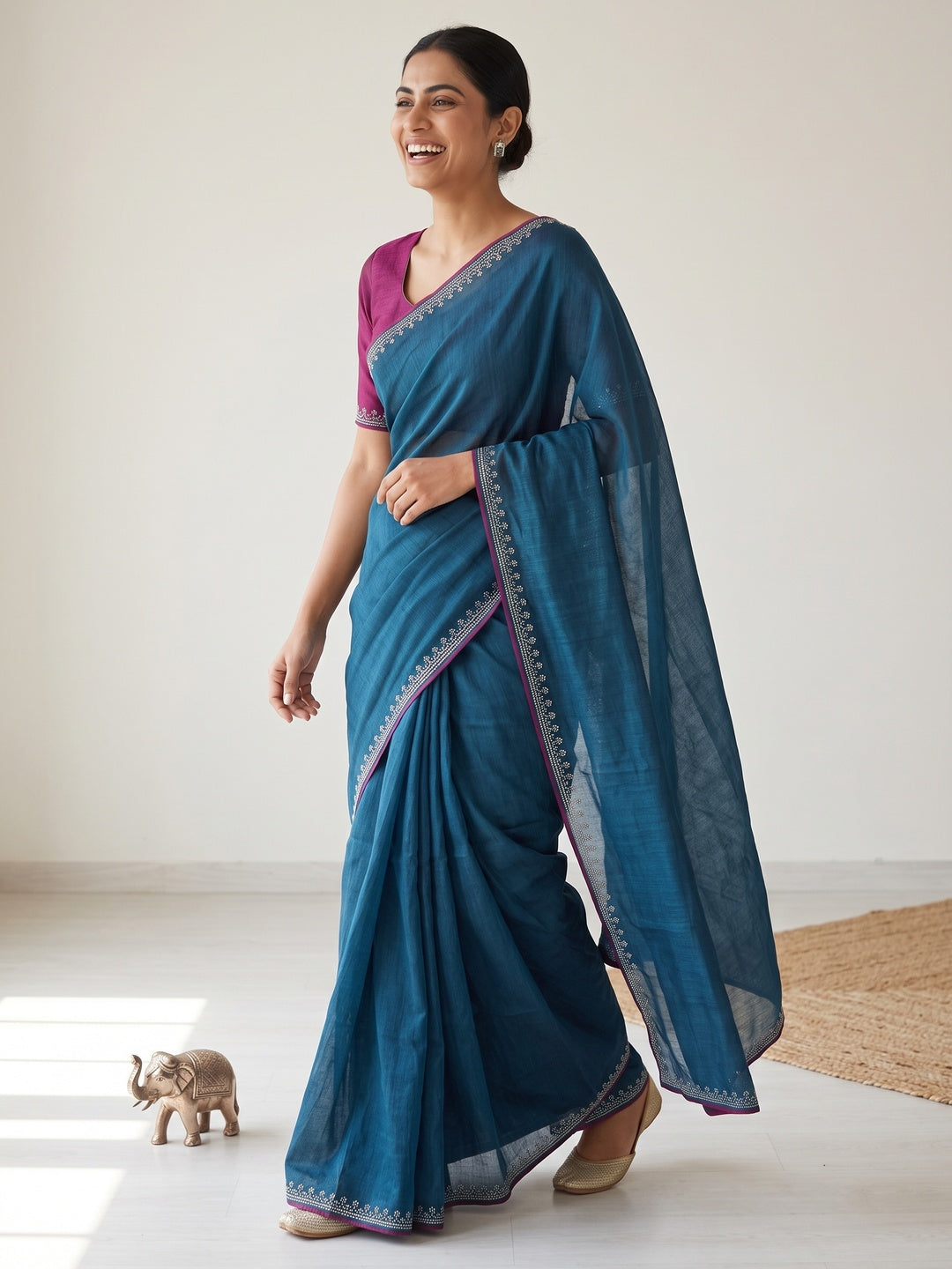 Teal Partywear Vichitra Silk Saree Featuring Exquisite Swarovski Stone Work - Image 4