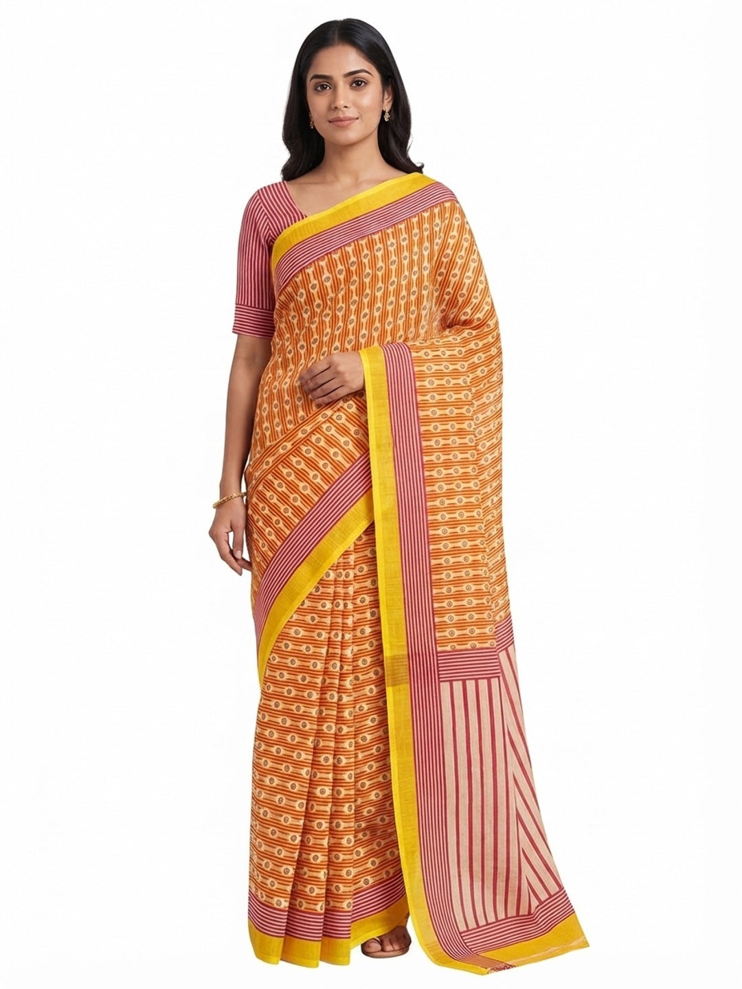 Multicolor Soft Linen Saree with Artistic Print Detailing - Image 5