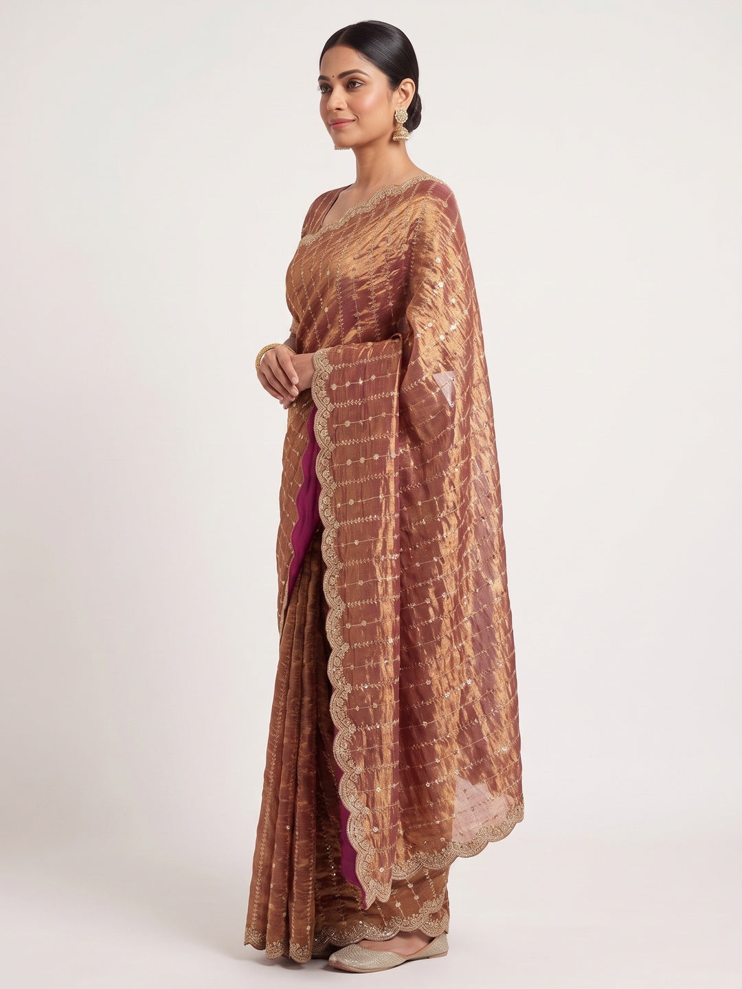 Elegant Dusty Peach Silk Saree Adorned With Floral Sequins Embroidery & Cutwork Zari Border - Image 3