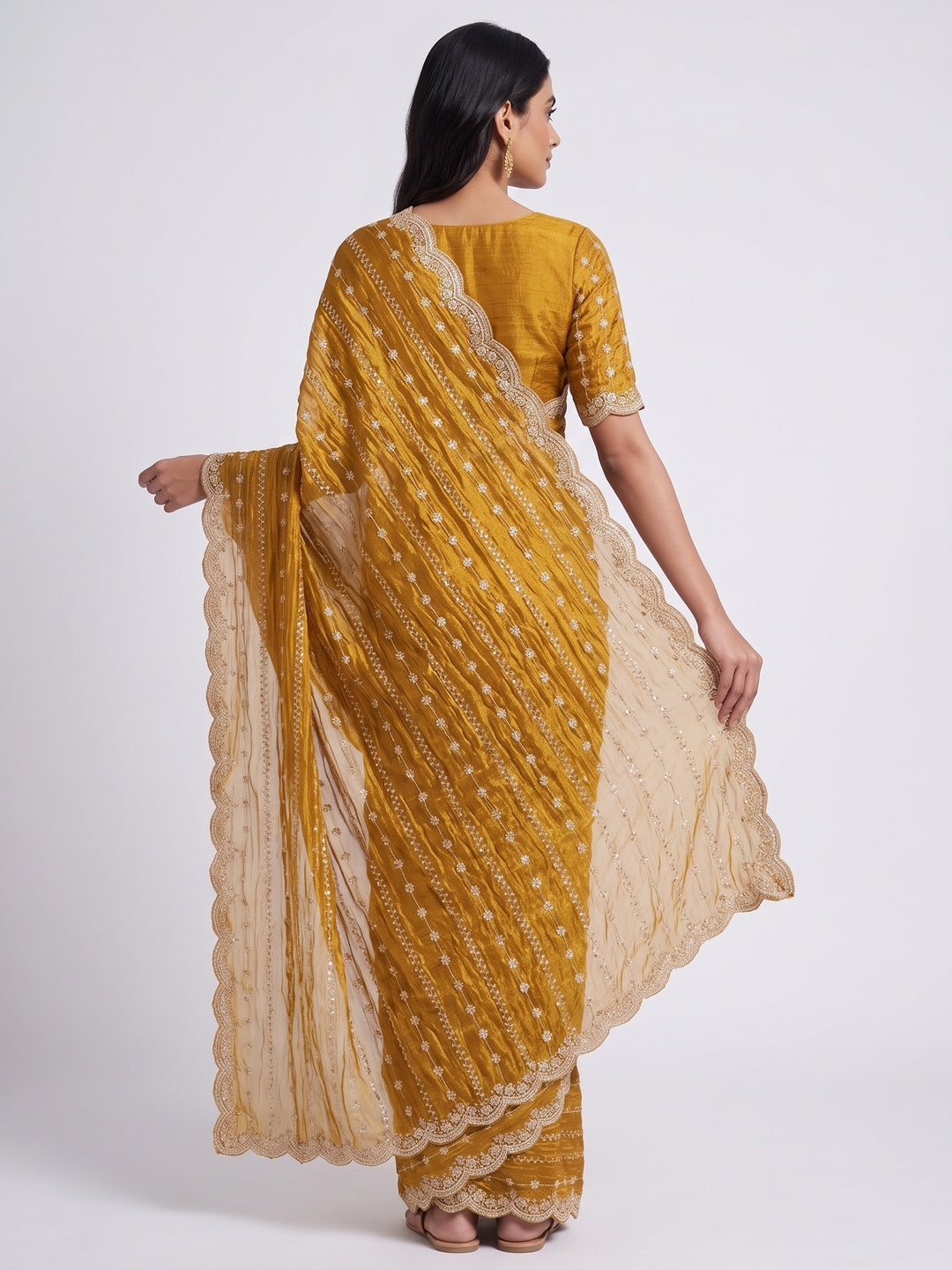 Elegant Golden Silk Saree Adorned With Floral Sequins Embroidery & Cutwork Zari Border - Image 2