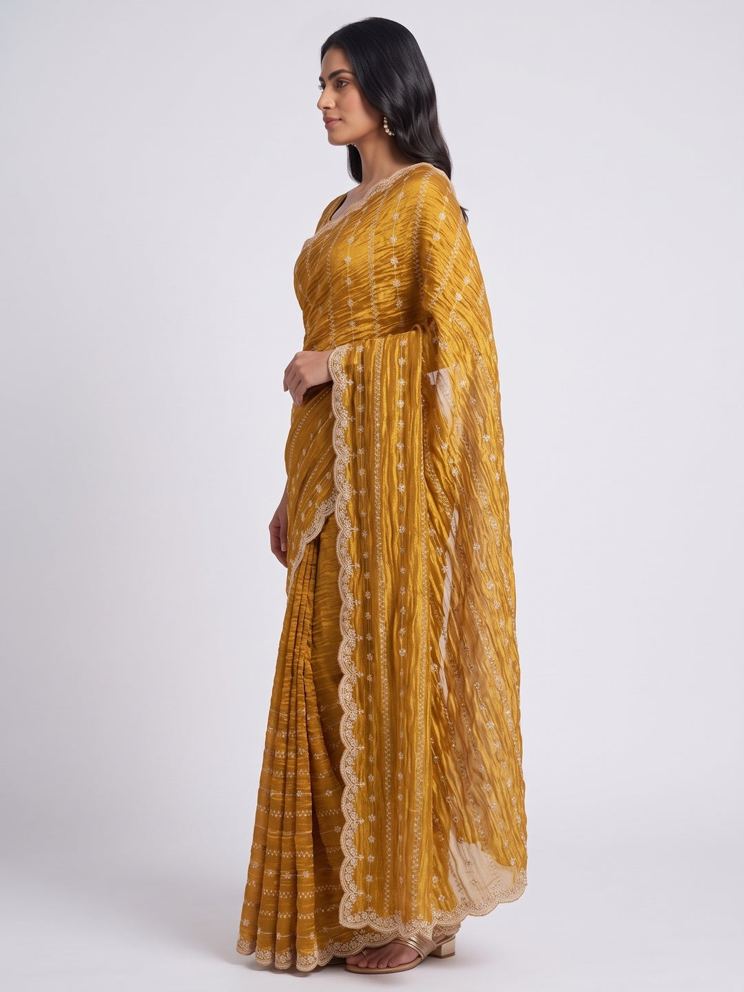 Elegant Golden Silk Saree Adorned With Floral Sequins Embroidery & Cutwork Zari Border - Image 3
