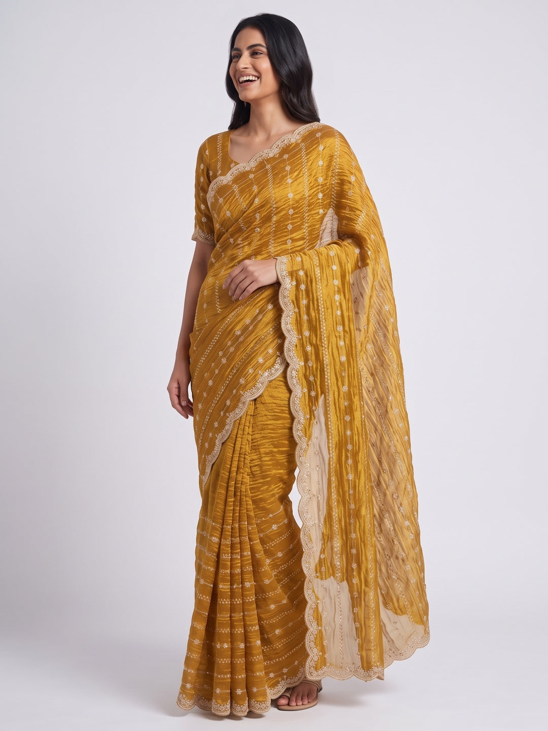 Elegant Golden Silk Saree Adorned With Floral Sequins Embroidery & Cutwork Zari Border - Image 4