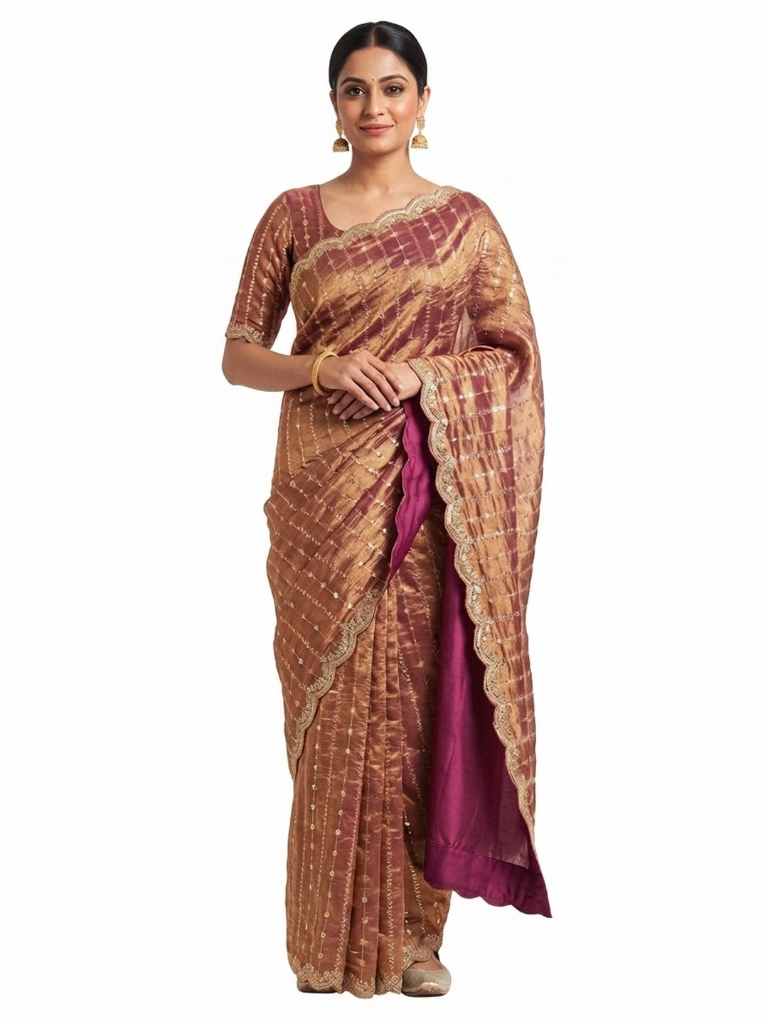 Elegant Dusty Peach Silk Saree Adorned With Floral Sequins Embroidery & Cutwork Zari Border - Image 5