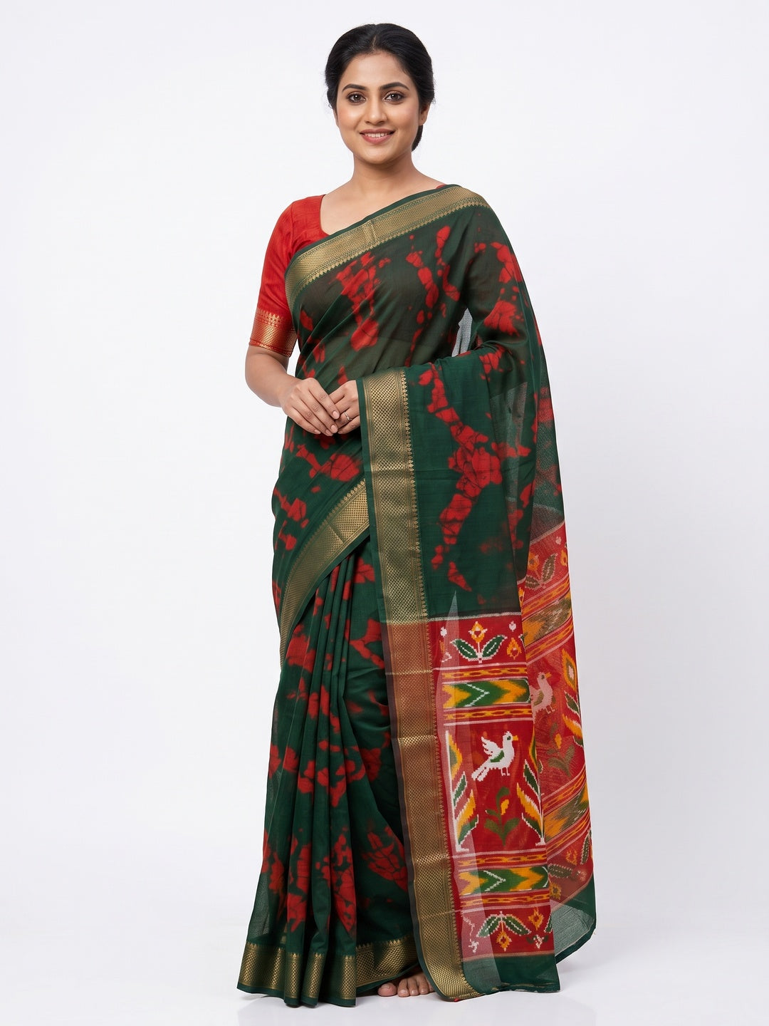 Majestic Green Batik Abstract Printed Cotton Blend Saree With Elegant Zari Weaving Border - Image 2
