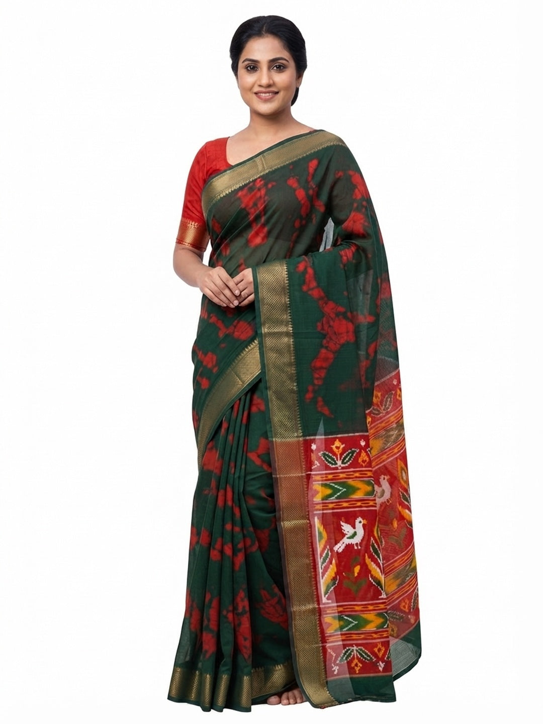 Majestic Green Batik Abstract Printed Cotton Blend Saree With Elegant Zari Weaving Border - Image 3