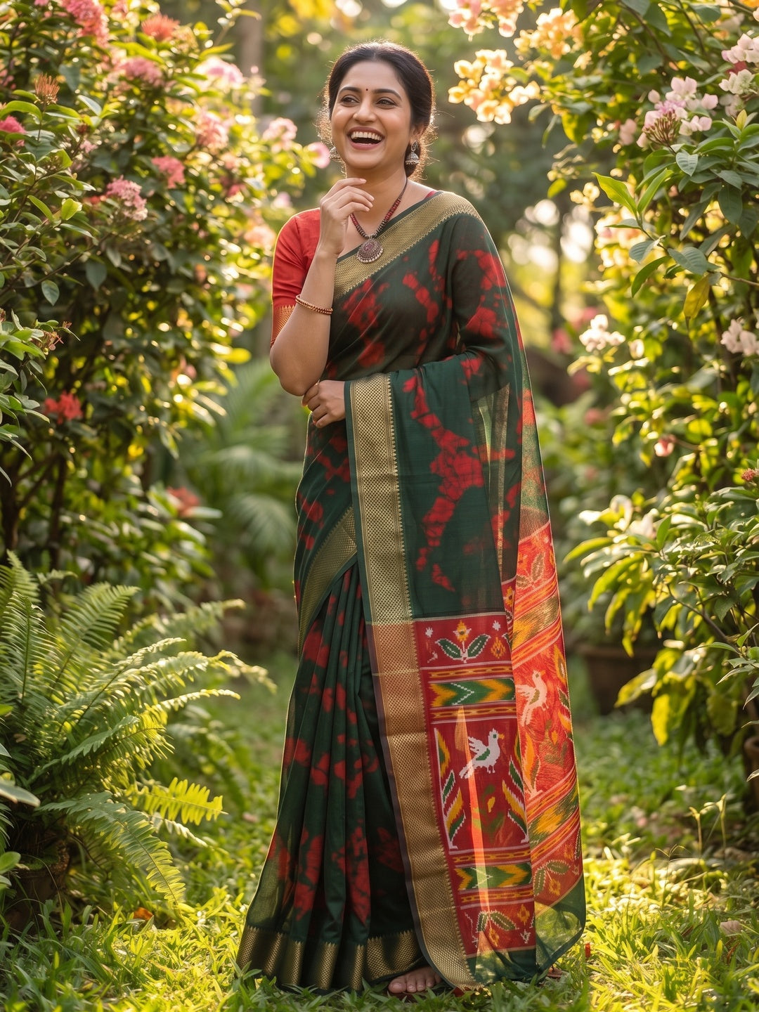 Majestic Green Batik Abstract Printed Cotton Blend Saree With Elegant Zari Weaving Border - Image 6