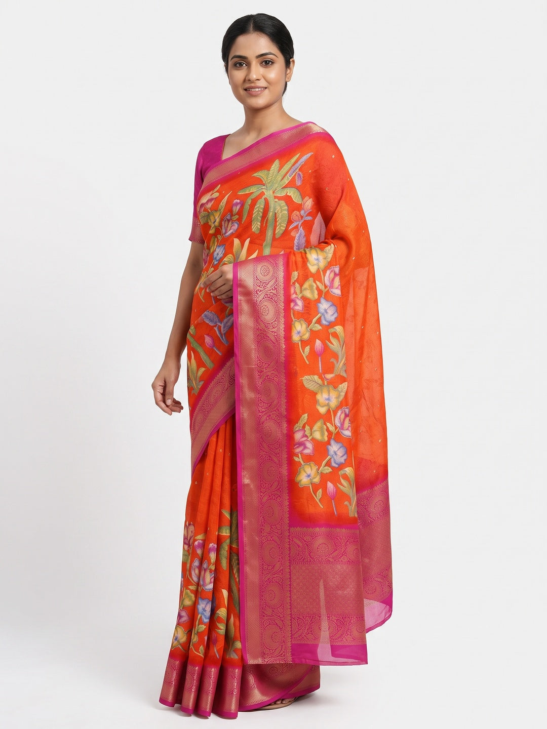 Elegant Orange Peacock & Floral Printed Georgette Saree Accented With Gleaming Weaving Zari Border - Image 1