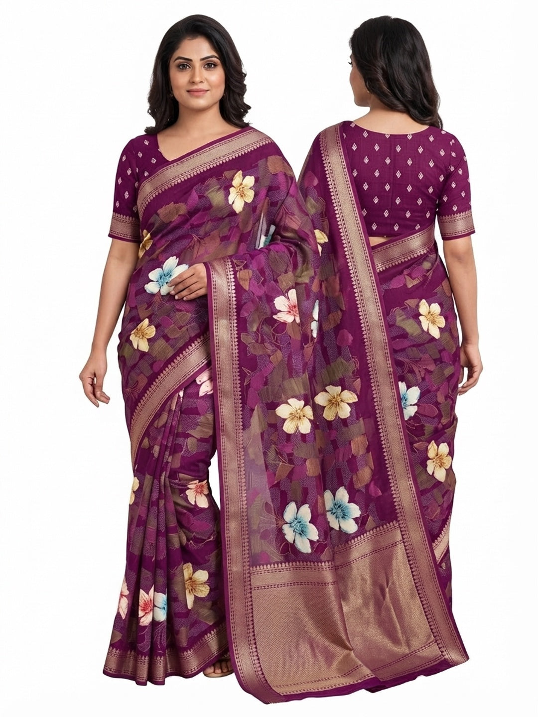 Classic Wine Floral Printed Cotton Blend Saree With Elegant Zari Weaving Border - Image 3