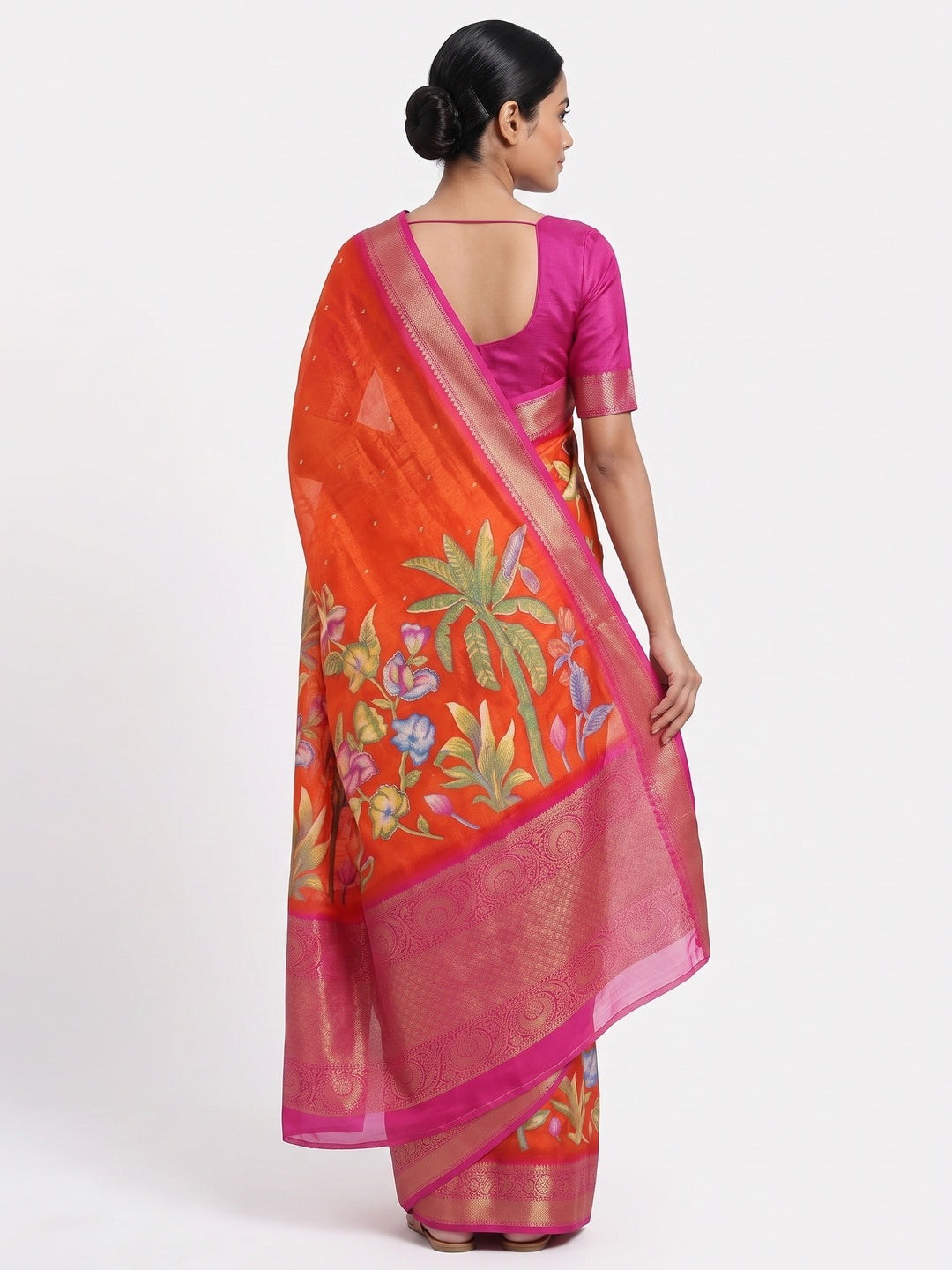 Elegant Orange Peacock & Floral Printed Georgette Saree Accented With Gleaming Weaving Zari Border - Image 2