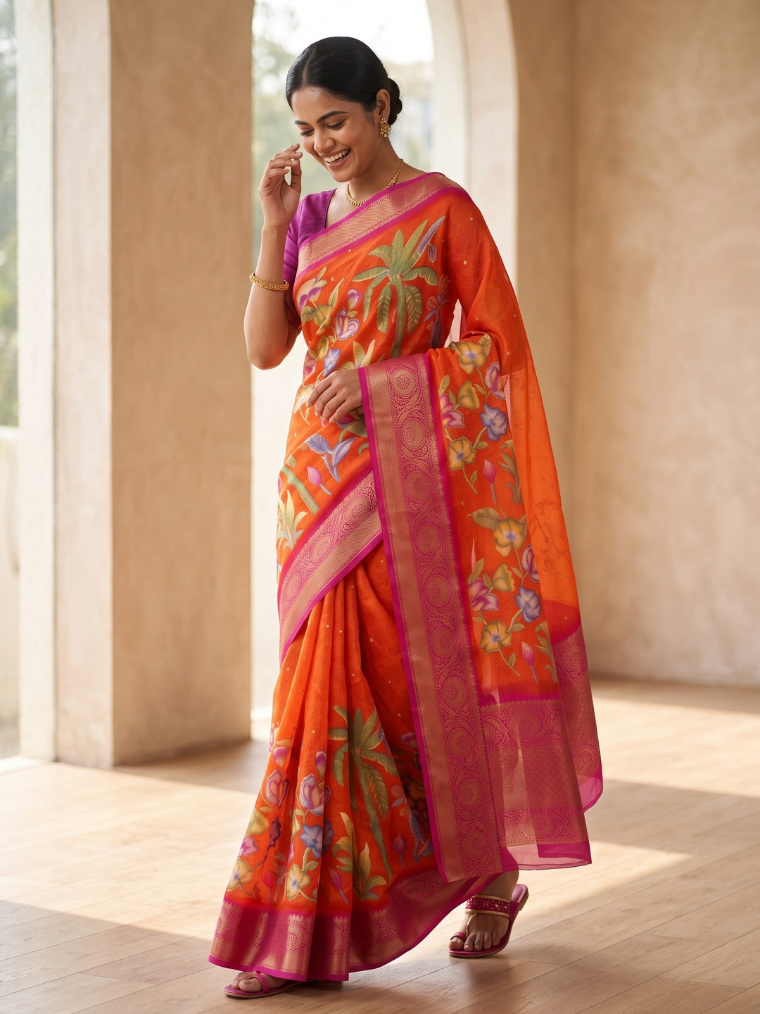 Elegant Orange Peacock & Floral Printed Georgette Saree Accented With Gleaming Weaving Zari Border - Image 4