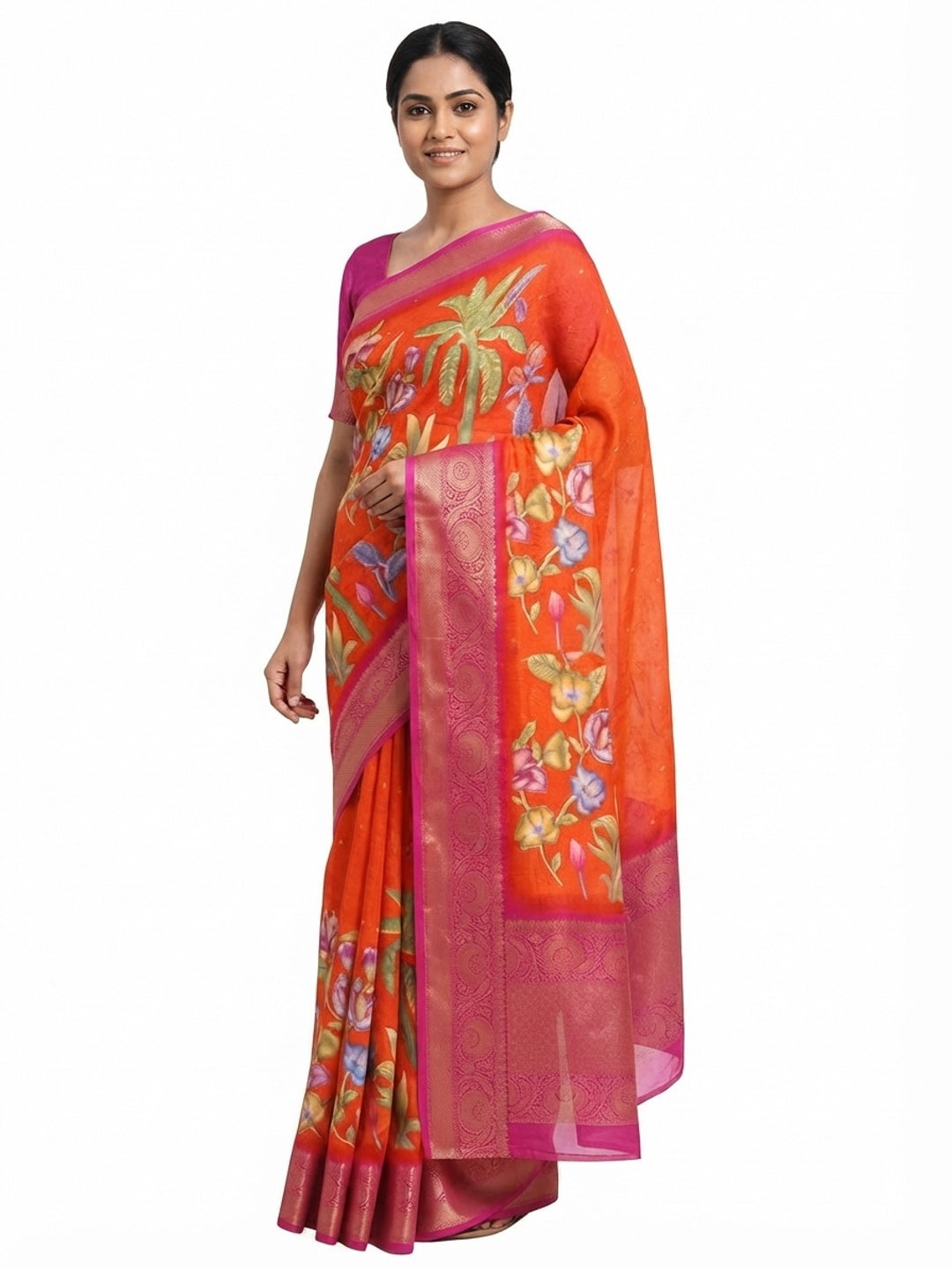 Elegant Orange Peacock & Floral Printed Georgette Saree Accented With Gleaming Weaving Zari Border - Image 5