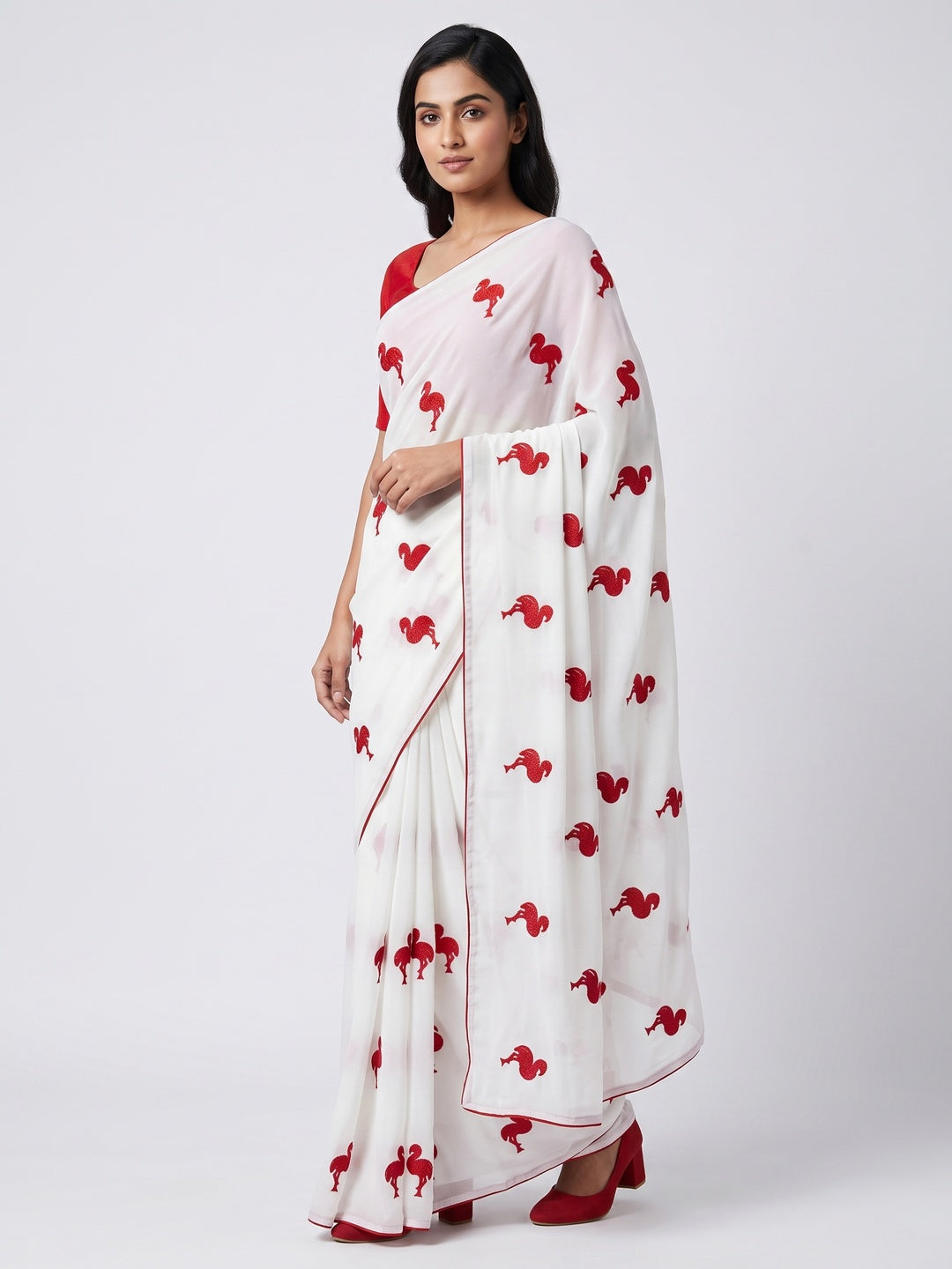 White Georgette Saree With Intricate Bird Pattern Thread Embroidery - Image 1