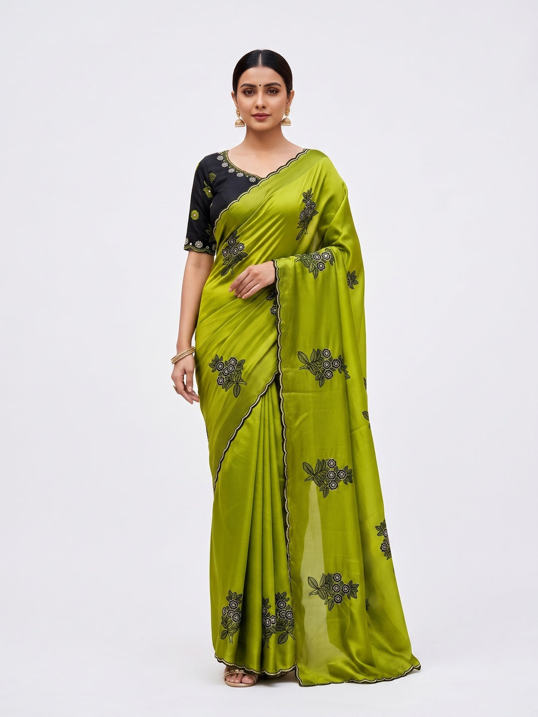 Peachmode Green Rangoli Silk Saree with Mirror and Embroidery Work - Image 4