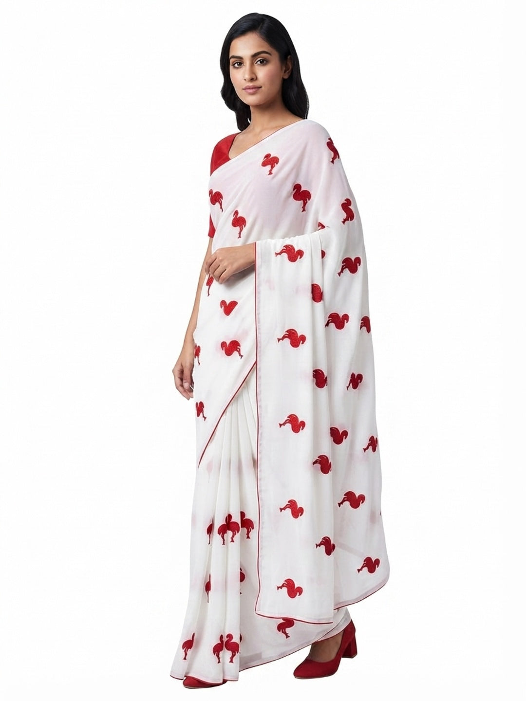 White Georgette Saree With Intricate Bird Pattern Thread Embroidery - Image 5