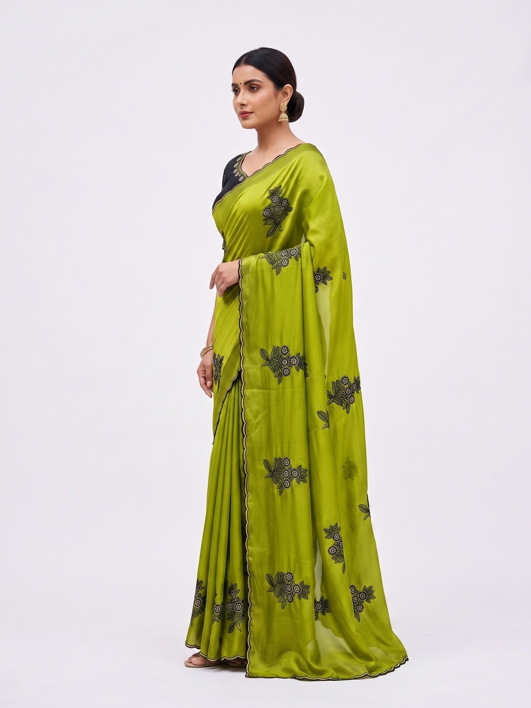 Peachmode Green Rangoli Silk Saree with Mirror and Embroidery Work - Image 6