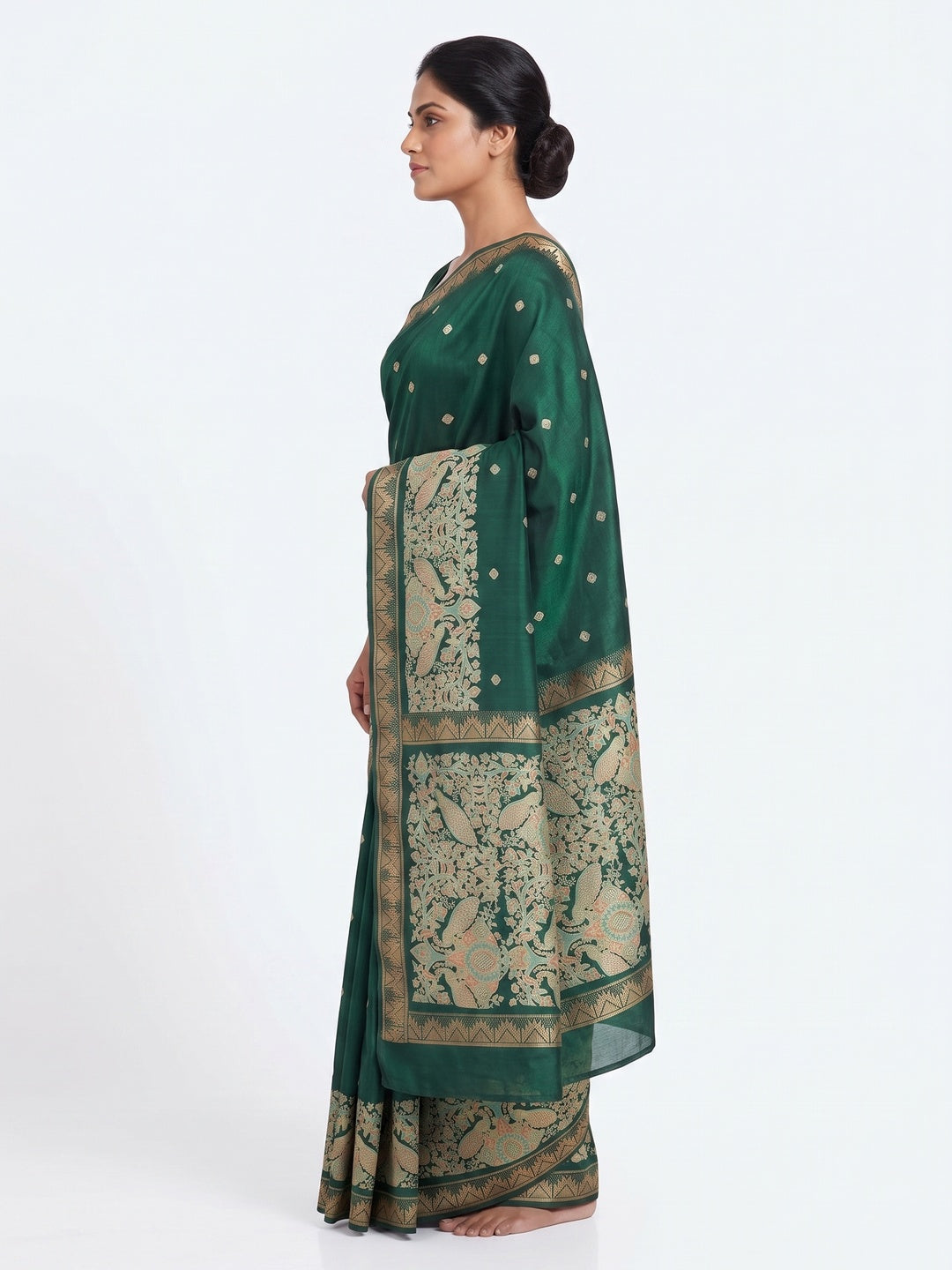 Green Cotton Silk Saree with Zari-Woven Border and Traditional Printed Charm - Image 4