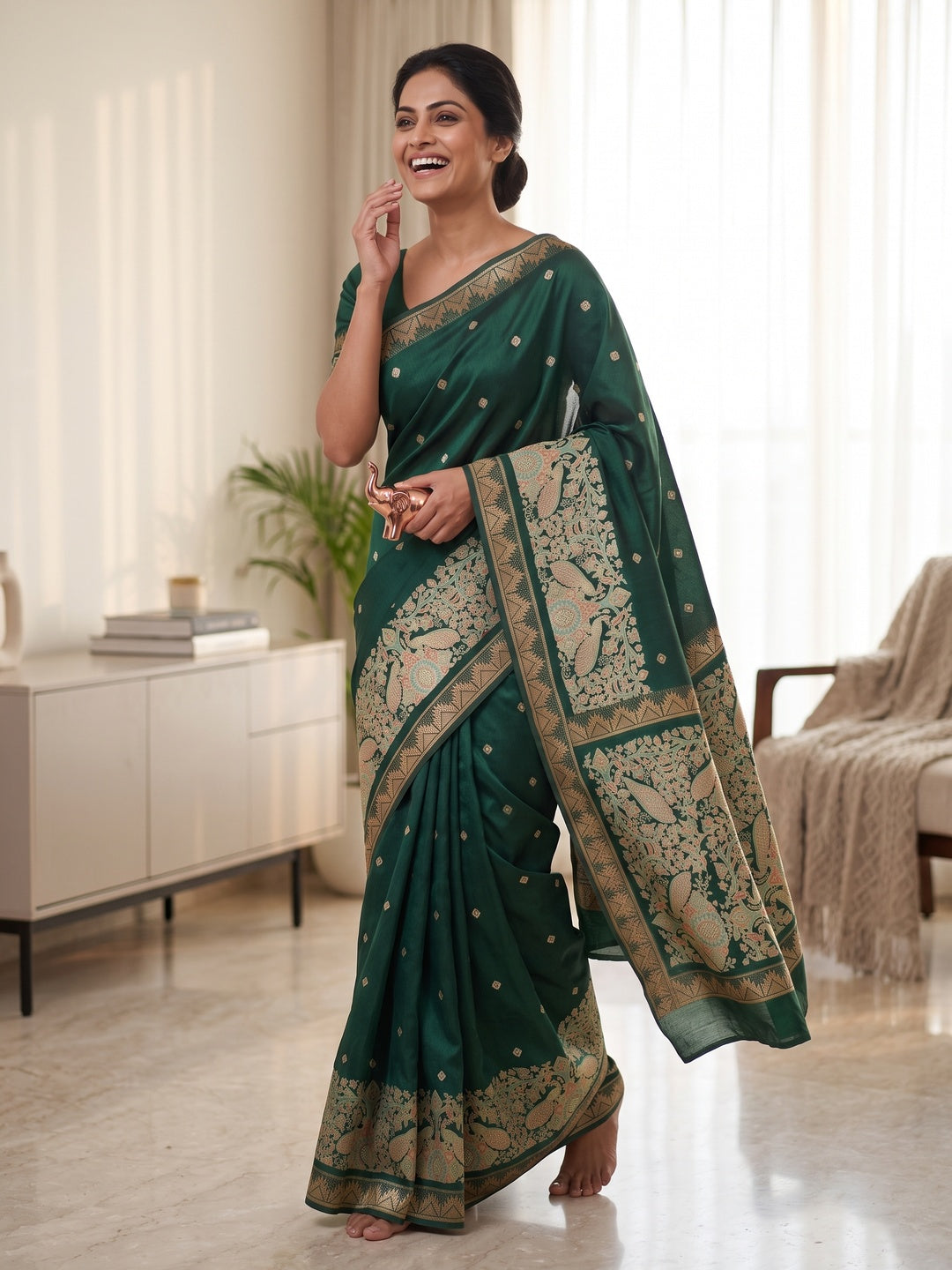 Green Cotton Silk Saree with Zari-Woven Border and Traditional Printed Charm - Image 5
