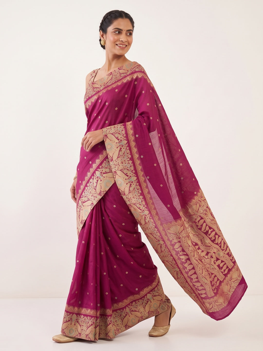 Magenta Cotton Silk Saree with Zari-Woven Border and Striking Printed Patterns - Image 5