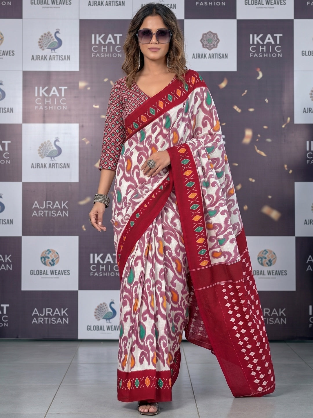 Charming Red & White Ikkat Printed Mulmul Cotton Saree With Subtle Work - Image 5