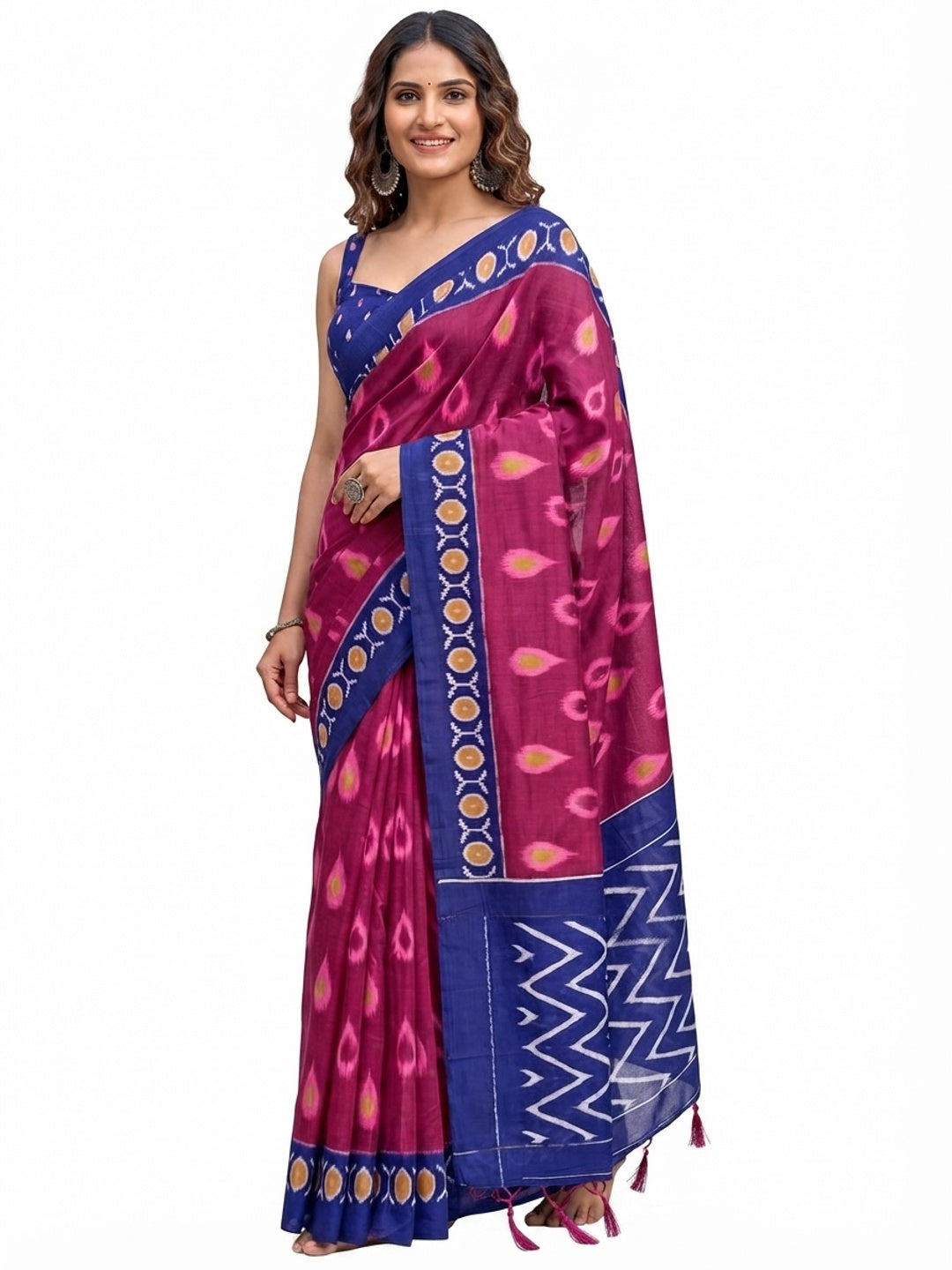 Trendy Pink Ikkat Print Mulmul Cotton Saree With Stylish Zig Zag Pattern Pallu - Image 5