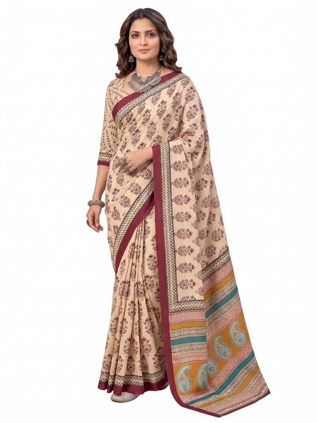 Subtle Beige & Maroon Floral Printed Mulmul Cotton Saree With Delicate Print Work - Image 6
