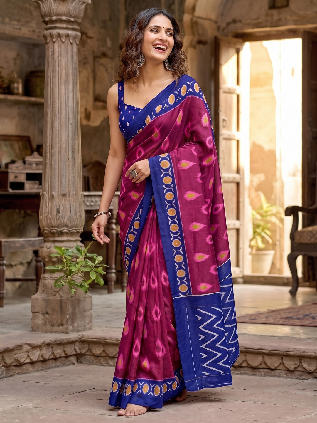 Trendy Pink Ikkat Print Mulmul Cotton Saree With Stylish Zig Zag Pattern Pallu - Image 8