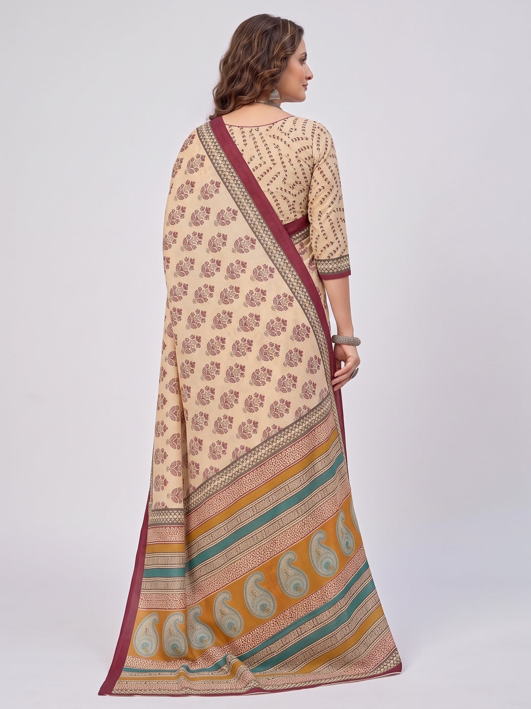 Subtle Beige & Maroon Floral Printed Mulmul Cotton Saree With Delicate Print Work - Image 7