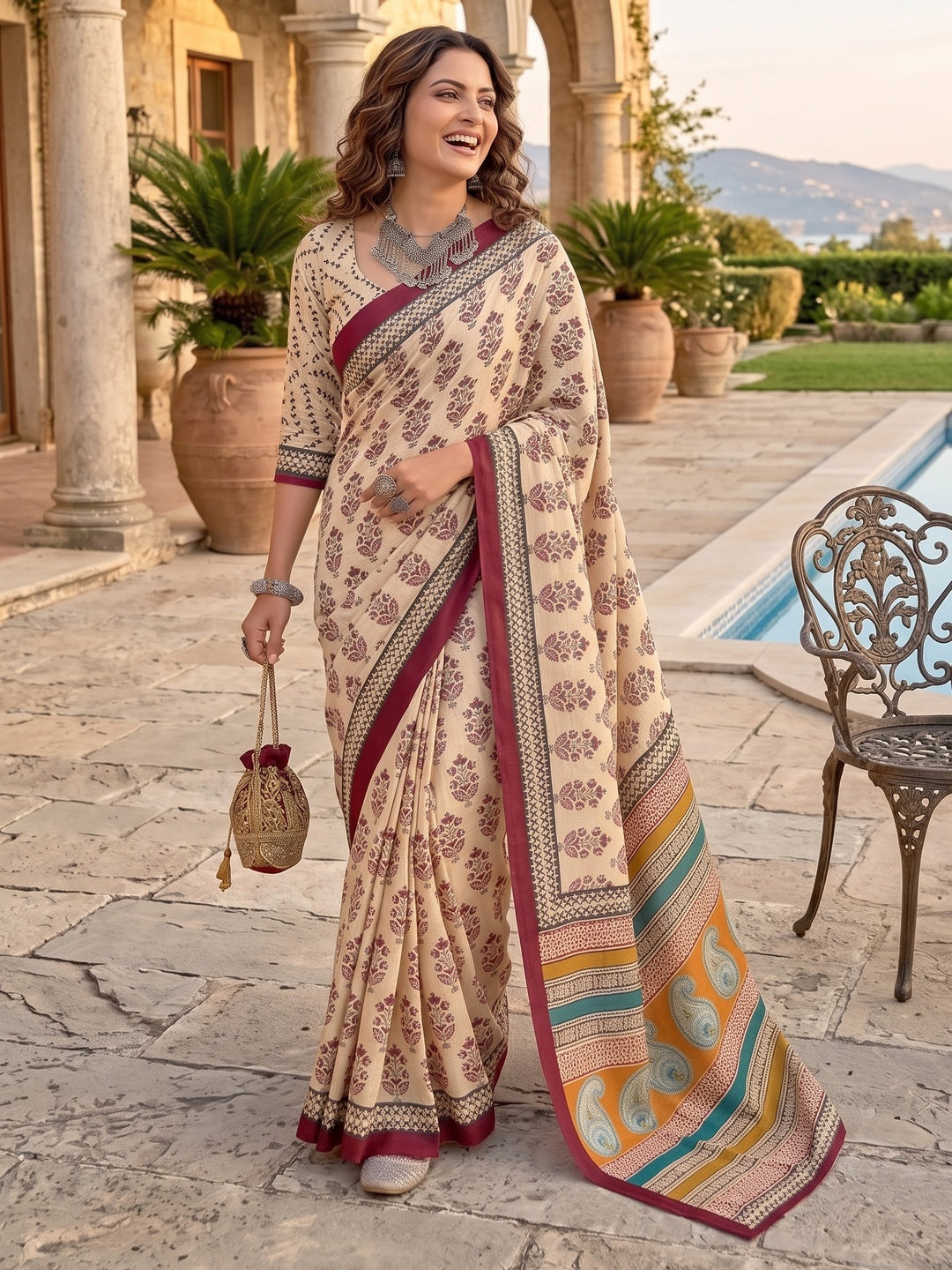 Subtle Beige & Maroon Floral Printed Mulmul Cotton Saree With Delicate Print Work - Image 9