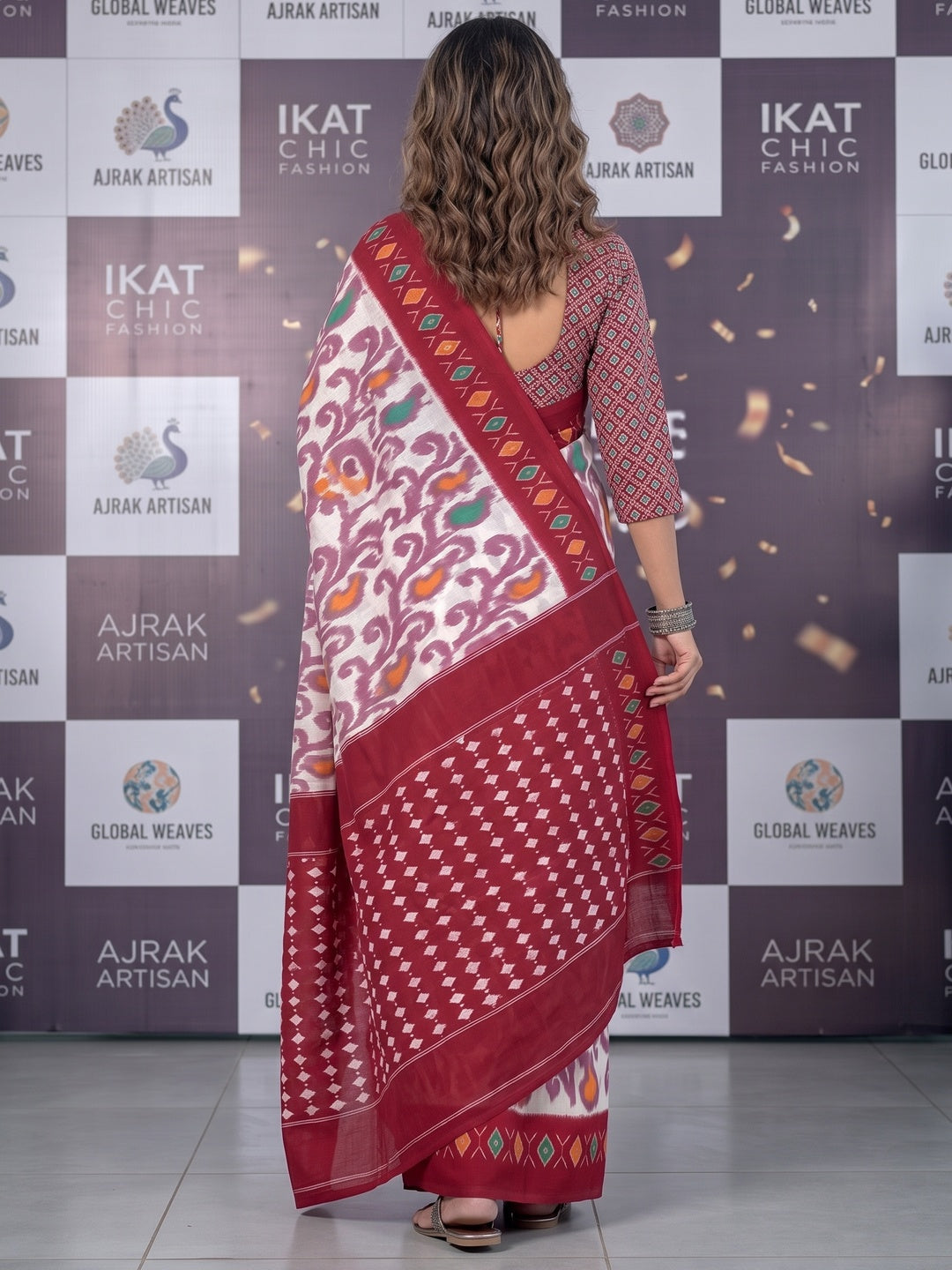 Charming Red & White Ikkat Printed Mulmul Cotton Saree With Subtle Work - Image 7