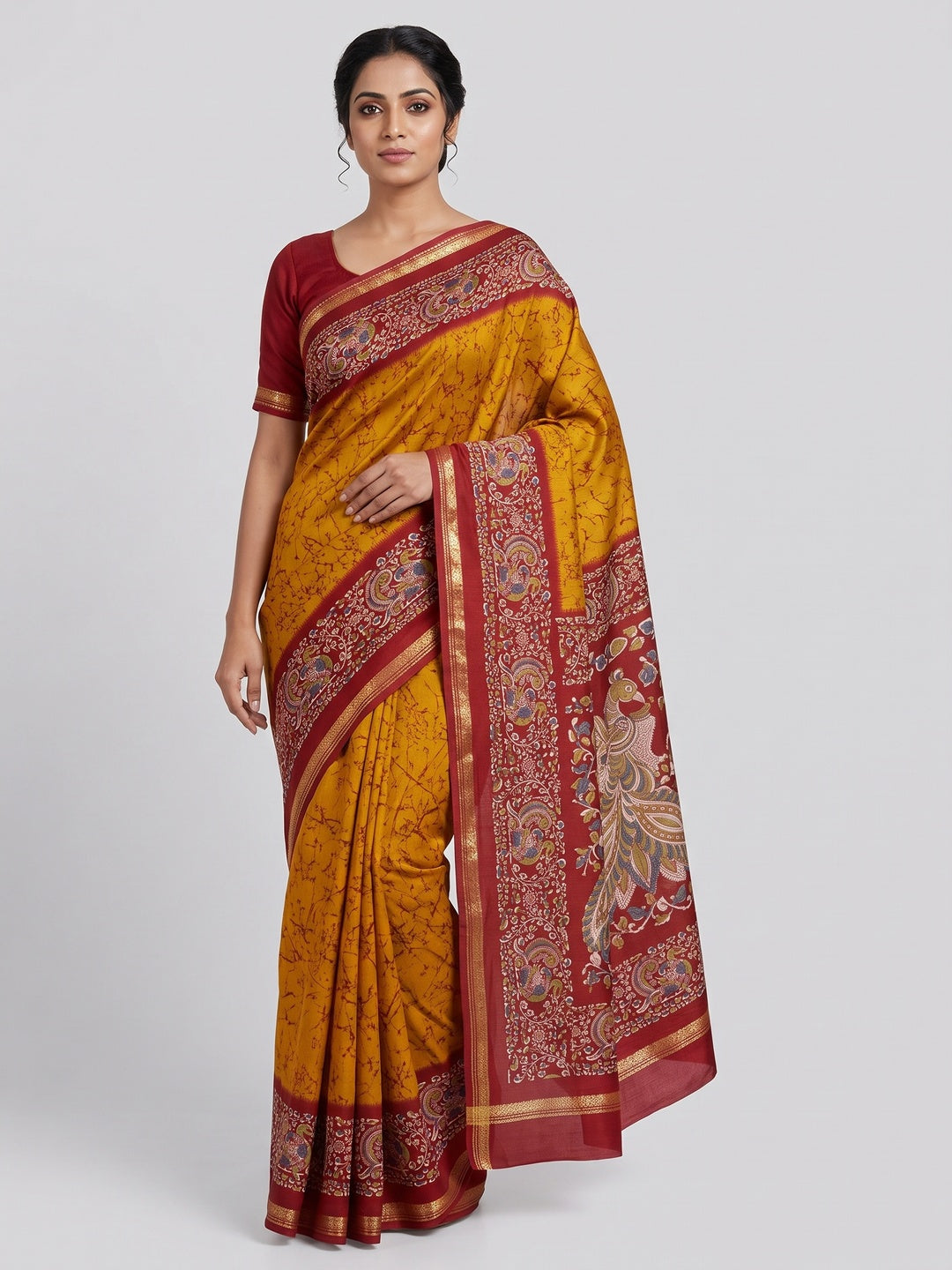 Mustard Dola Silk Saree with Abstract Prints and Traditional Kalamkari Pallu - Image 1