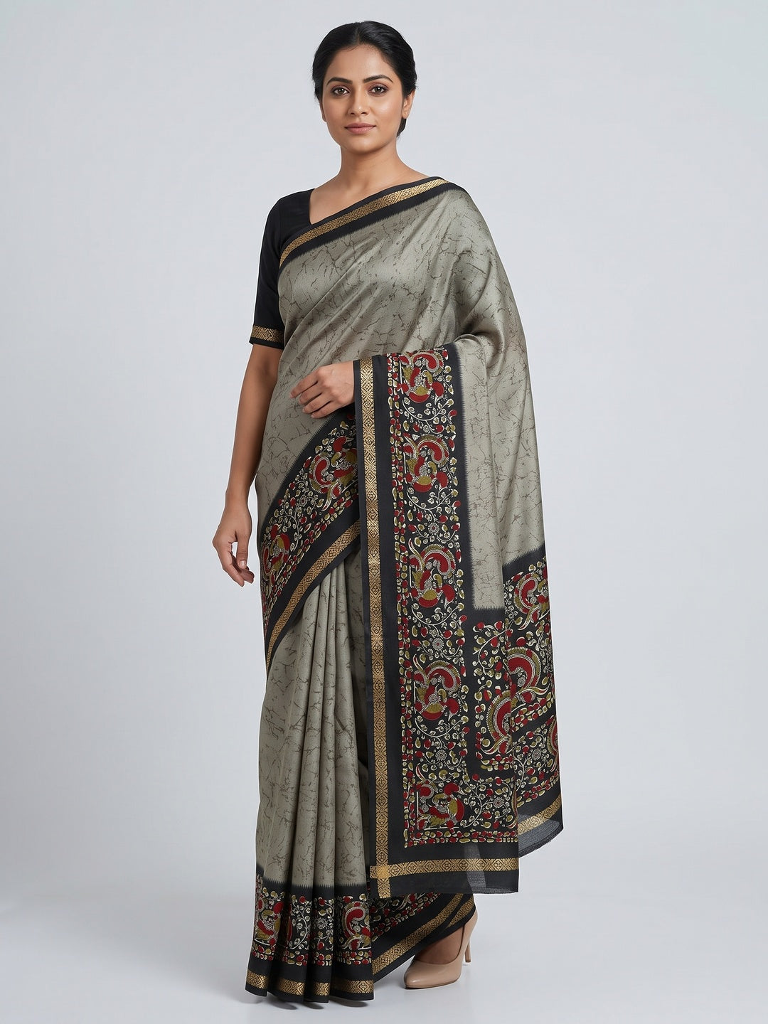 Grey Dola Silk Saree with Contemporary Abstract Motifs and Kalamkari Pallu - Image 1