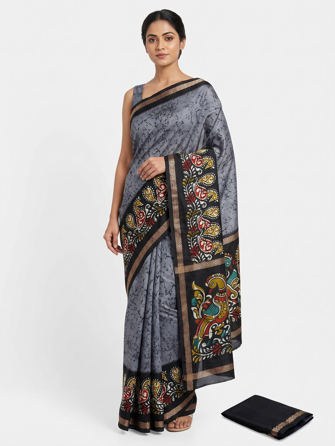 Grey & Black Abstract Printed Dola Silk Saree Enhanced With Kalamkari Art Pallu - Image 1