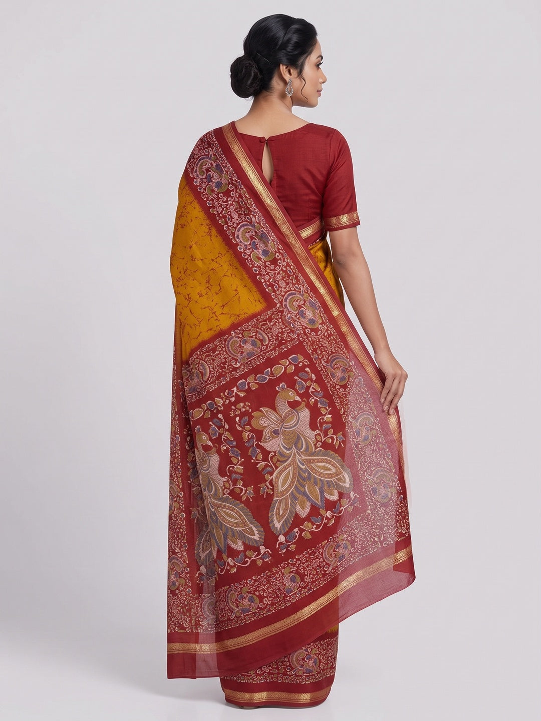 Mustard Dola Silk Saree with Abstract Prints and Traditional Kalamkari Pallu - Image 2
