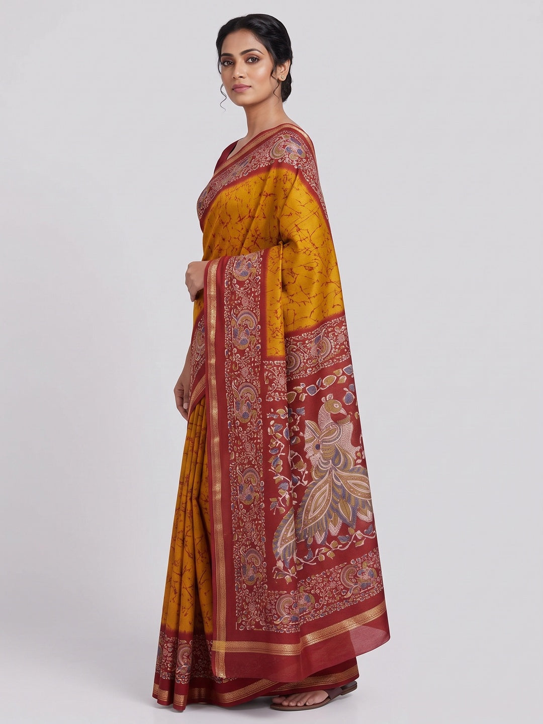 Mustard Dola Silk Saree with Abstract Prints and Traditional Kalamkari Pallu - Image 3