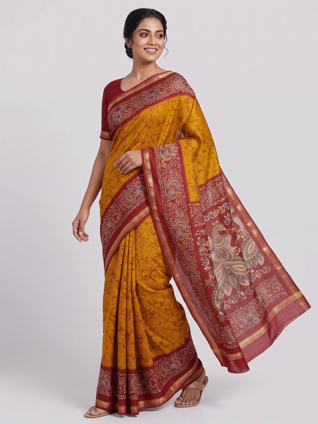 Mustard Dola Silk Saree with Abstract Prints and Traditional Kalamkari Pallu - Image 4