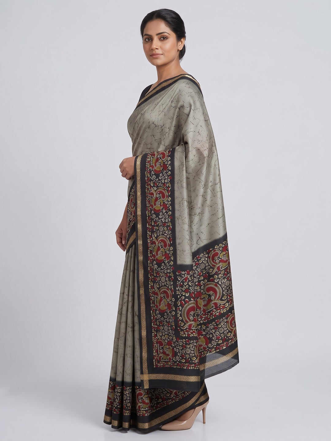 Grey Dola Silk Saree with Contemporary Abstract Motifs and Kalamkari Pallu - Image 3