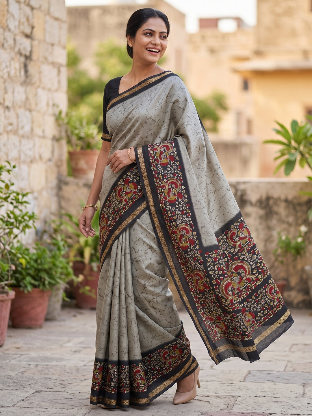 Grey Dola Silk Saree with Contemporary Abstract Motifs and Kalamkari Pallu - Image 4