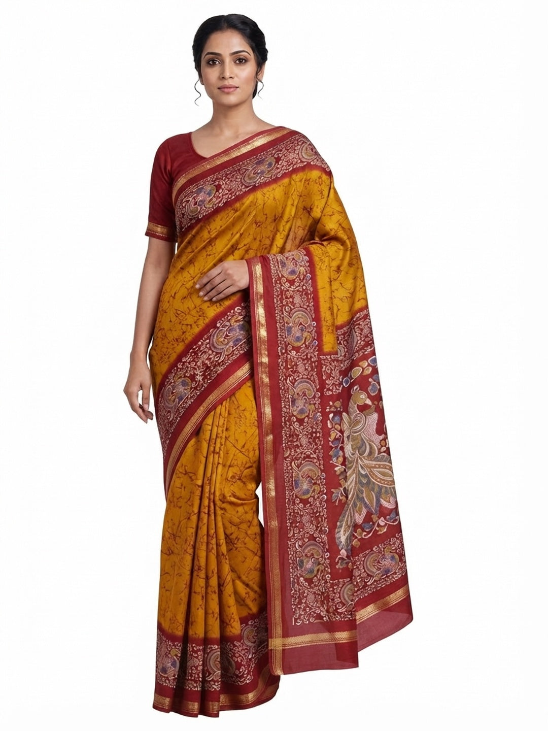 Mustard Dola Silk Saree with Abstract Prints and Traditional Kalamkari Pallu - Image 5