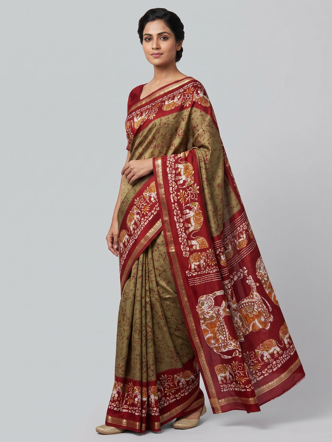 Beige Dola Silk Saree With Abstract Patterns And Kalamkari Pallu Art - Image 1