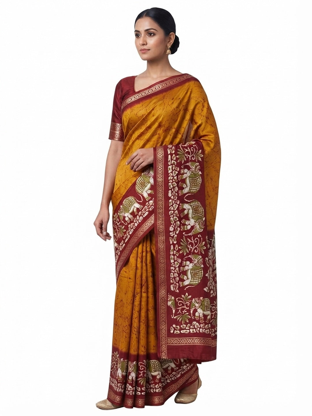 Mustard Dola Silk Saree With Abstract Patterns And Kalamkari Pallu Art - Image 2