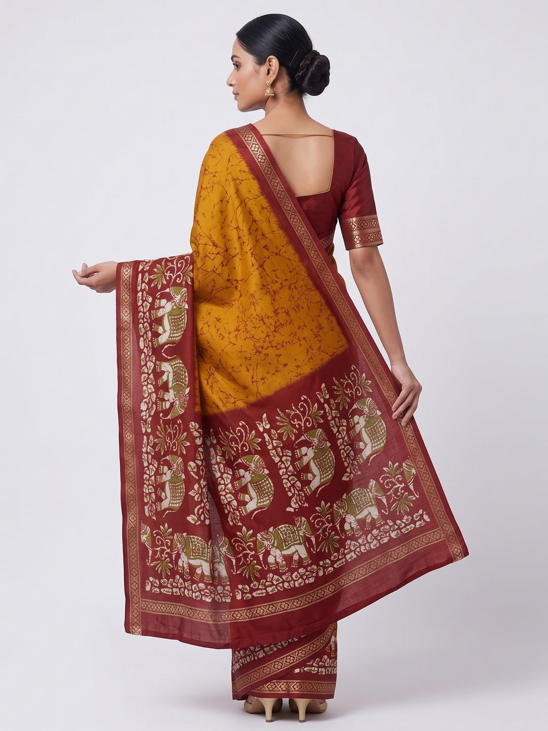 Mustard Dola Silk Saree With Abstract Patterns And Kalamkari Pallu Art - Image 3