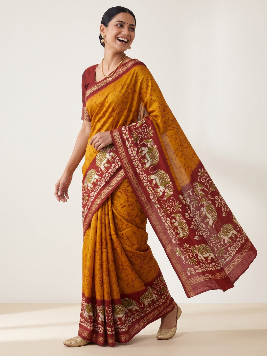 Mustard Dola Silk Saree With Abstract Patterns And Kalamkari Pallu Art - Image 5