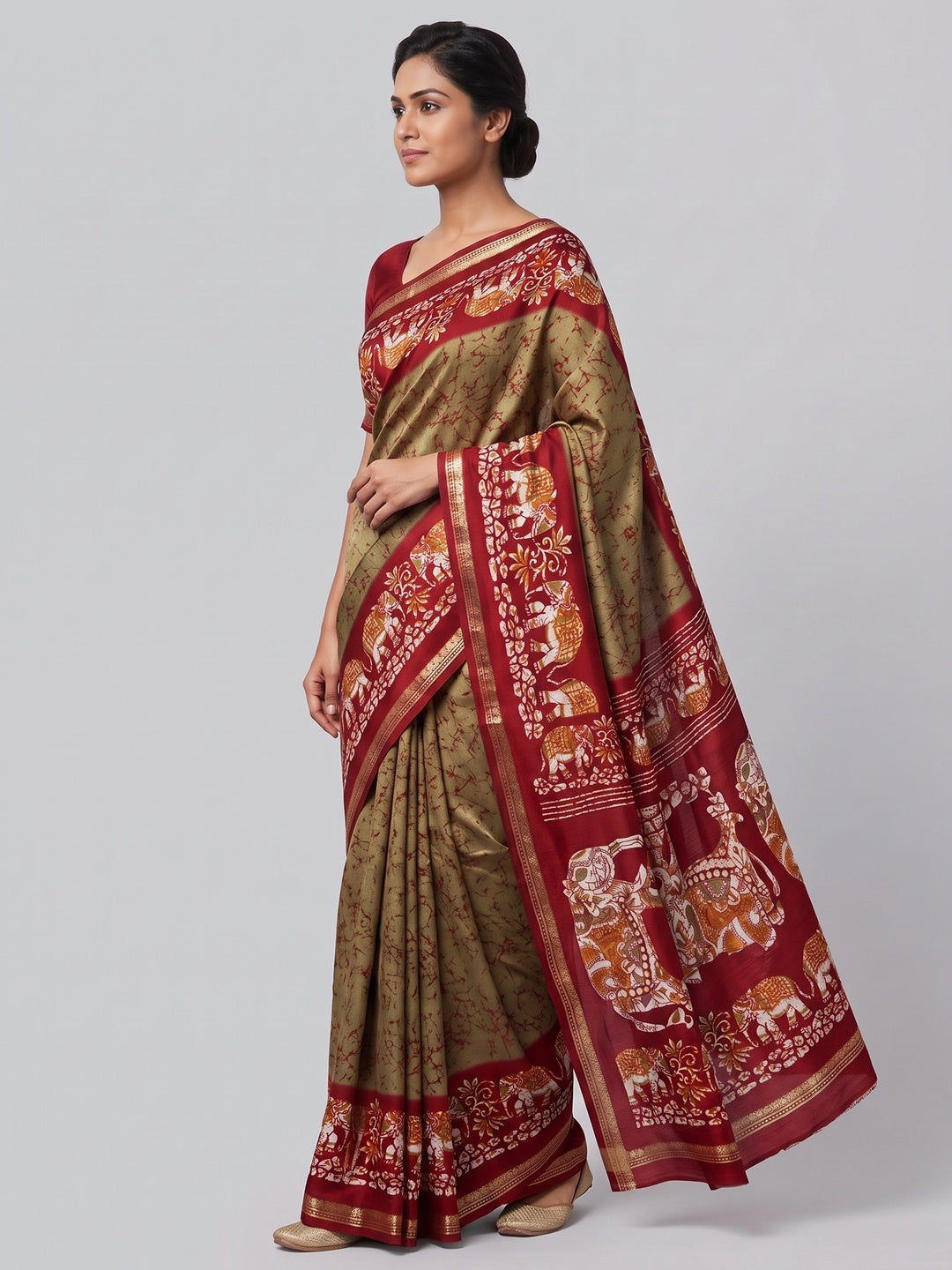 Beige Dola Silk Saree With Abstract Patterns And Kalamkari Pallu Art - Image 4
