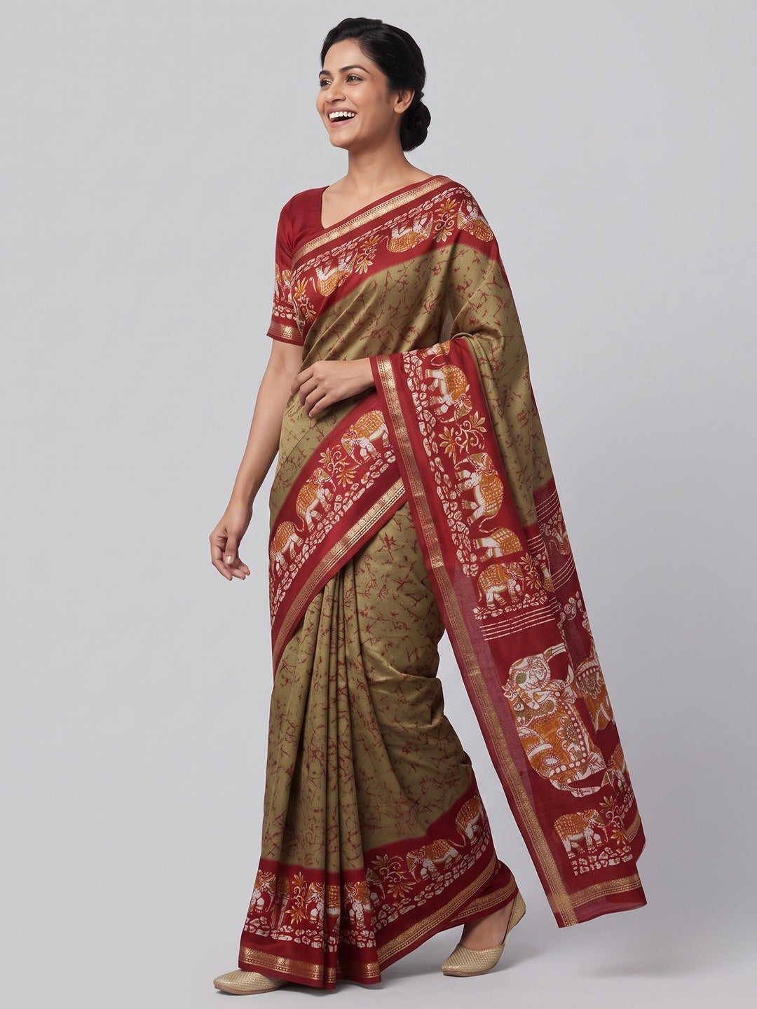 Beige Dola Silk Saree With Abstract Patterns And Kalamkari Pallu Art - Image 5