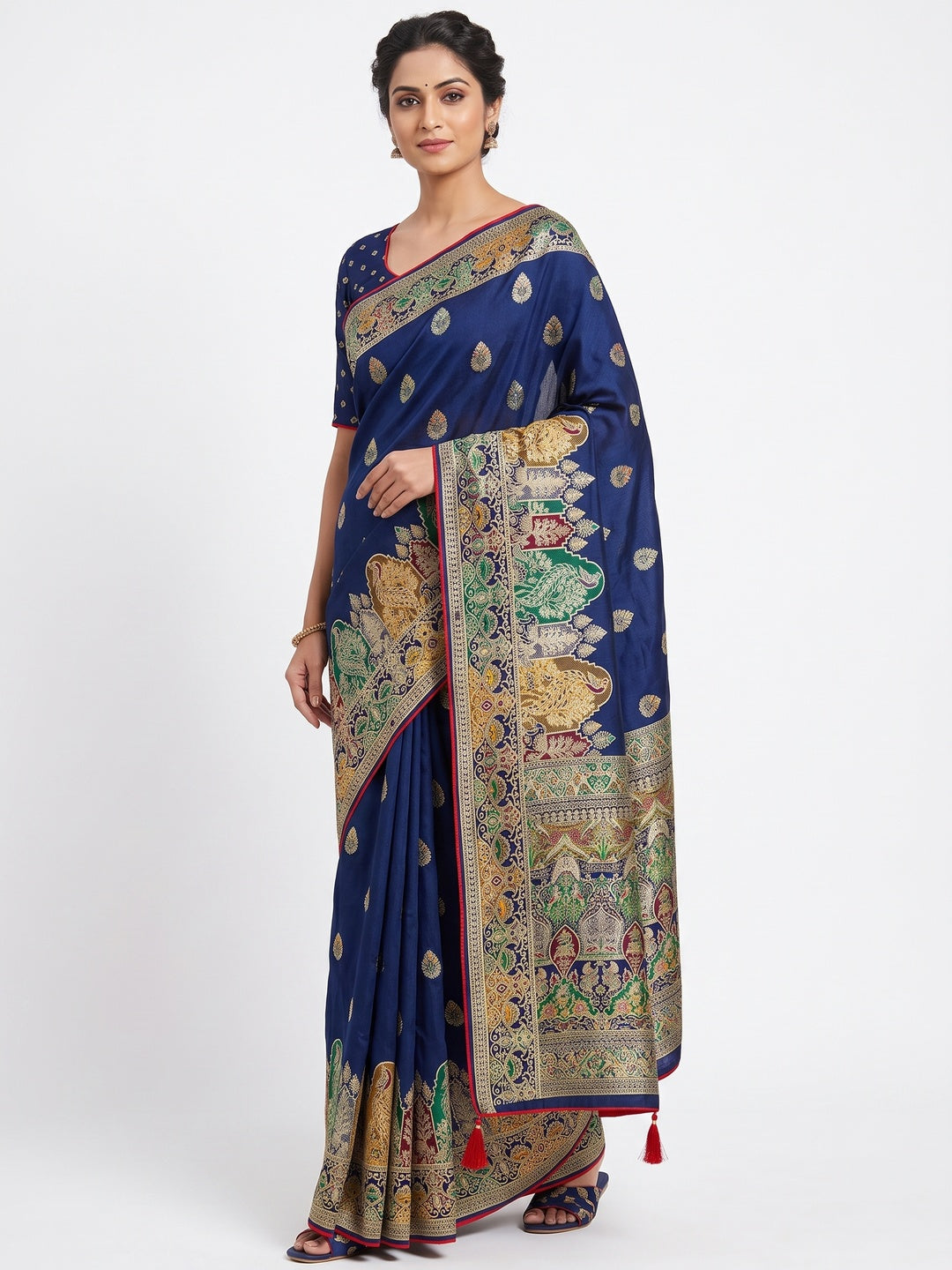 Blue Luxury Pure Silk Saree Crafted With Floral Meenakari Foil Print & Trendy Tassel Pallu - Image 1
